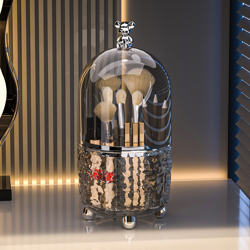 轻奢化妆刷收纳筒可旋转防尘圆形有盖卧室桌面上分隔收纳盒置物架 - 图3