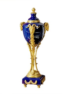 欧式创意铜羊头工艺品装饰美式蓝色陶瓷客厅玄关别墅书房软装摆i.