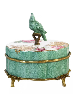 手绘牡丹描金陶瓷配铜摆件欧式