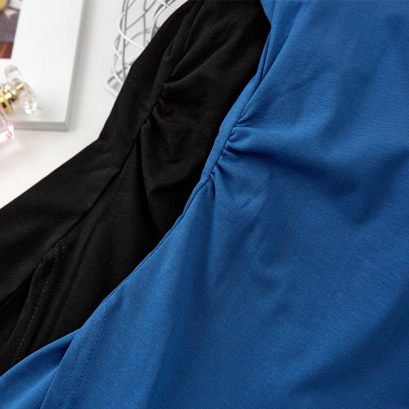 蓝色t恤连衣裙女夏季显瘦气质减龄褶皱交叉裙黑色加长款休闲裙子-图1