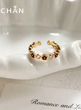 酒红滴油花朵锆石开口可调戒指