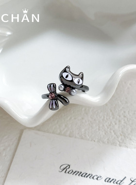 甜酷卡通黑猫滴油戒指搞怪个性蝴蝶结镶锆石精致可爱开口指环手饰