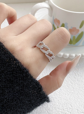 美式几何锆石开口宽版食指戒