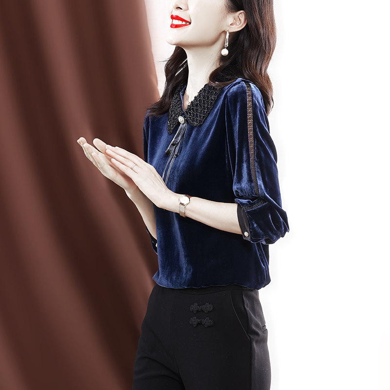 丝绒2021秋冬新款长袖蕾丝拼接衬衫 伊惠连衬衫