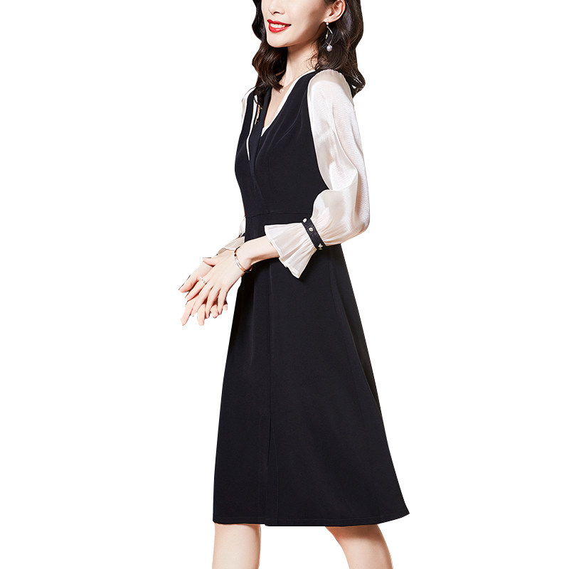 醋酸缎面女长袖中长款2020连衣裙 伊惠连连衣裙