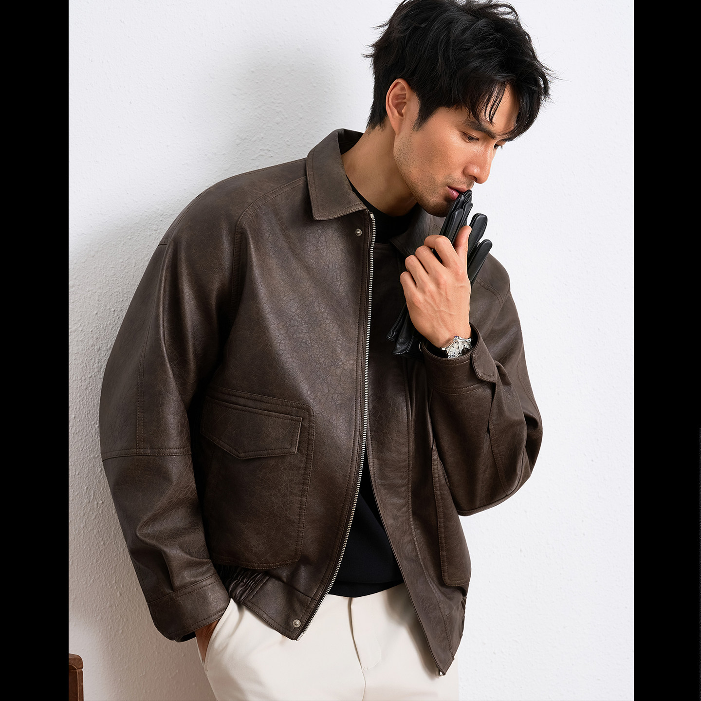 纳特尤尼2025宽松阔版PU皮裂纹时尚休闲皮夹克外套潮流机车男皮衣,淘宝优惠券,粉丝福利购,淘宝优惠卷