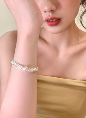 轻奢小众高级感银珠编制手链女百搭气质简约珍珠手串网红手饰