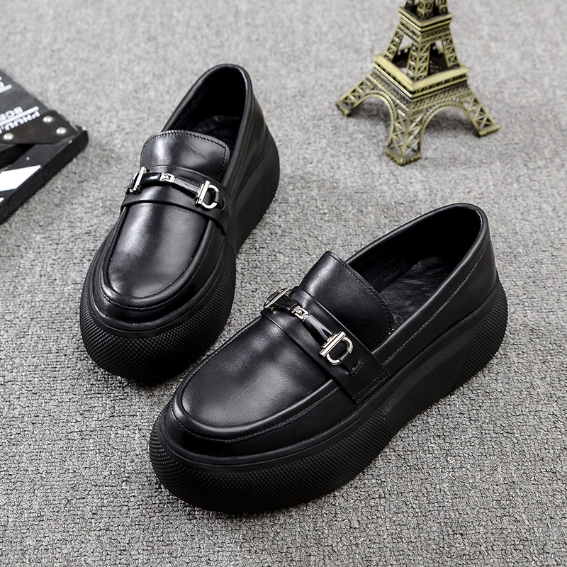 欧洲站2025春季新款女鞋英伦风真皮马毛厚底单鞋时尚百搭松糕鞋 - 图0