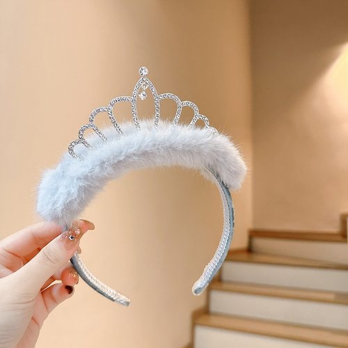 韩国新款气质皇冠水钻发箍秋冬毛绒绒可爱卡通洗脸头箍小公主发卡 - 图2