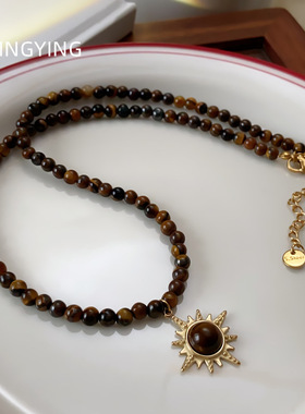 天然虎眼石手工串珠项链ins小众复古叠戴气质高级感百搭锁骨链女