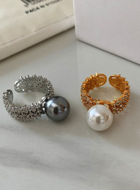 法式满钻极光珍珠真多麻灰澳白色开口戒指女轻奢小众高级感食指环