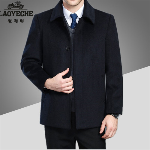 老爷车正品毛呢大衣男中老年加绒加厚保暖外套秋冬爸爸羊毛大衣男 - 图1