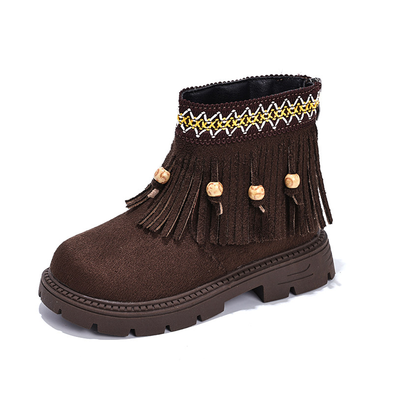 女童流苏公主短靴2025秋冬款串珠民族风加绒马丁靴儿童软底勃肯靴,淘宝优惠券,粉丝福利购,淘宝优惠卷