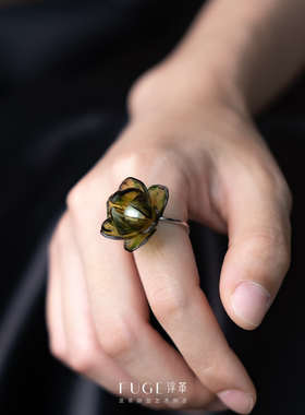 艺术家手作荷青戒指皮雕塑原创设计轻奢小众