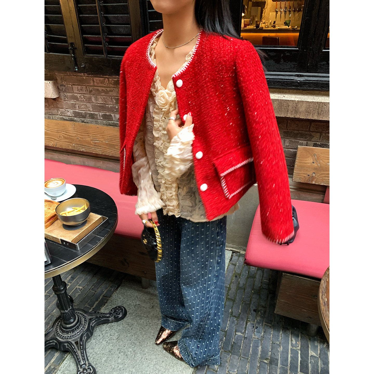 今屿花花 红色短款毛呢外套女2025年新款加厚夹棉小香风呢子外套,淘宝优惠券,粉丝福利购,淘宝优惠卷