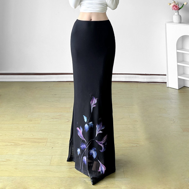 MSYOUCAN Ghost Orchid Purple Plant Printed Skirt Low Waist Draping Retro Straight Skirt for Women