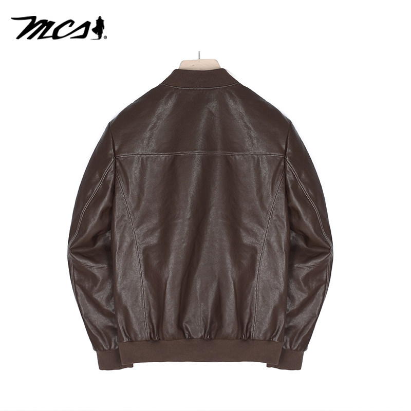 MCS男装秋冬绵羊皮真皮皮衣棒球领单外套休闲百搭秋季中年皮夹克 - 图0