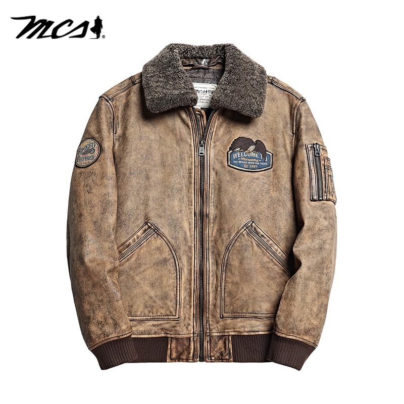 MCS秋冬男装毛翻领皮夹克男短款飞行员羽绒牛皮真皮皮衣复古外套,淘宝优惠券,粉丝福利购,淘宝优惠卷