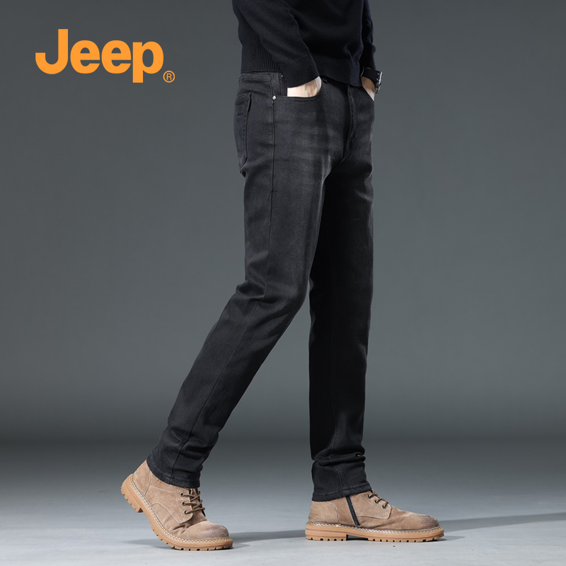 Jeep吉普男装黑色牛仔裤男士春季新款宽松直筒裤潮流洗水长裤子男