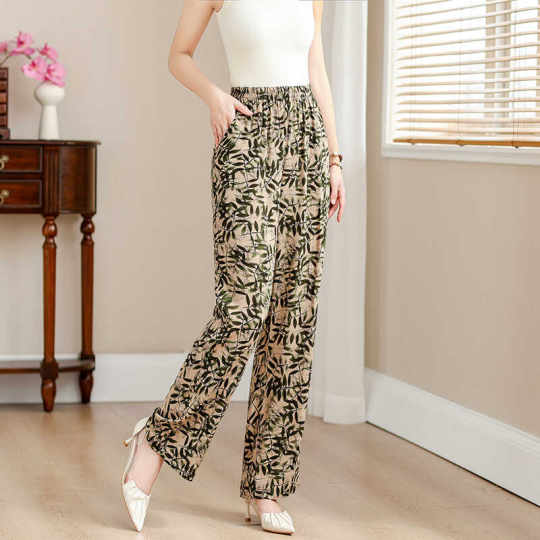 中老年棉绸花裤子夏季女士妈妈大码松紧腰休闲裤人造棉薄款九分裤