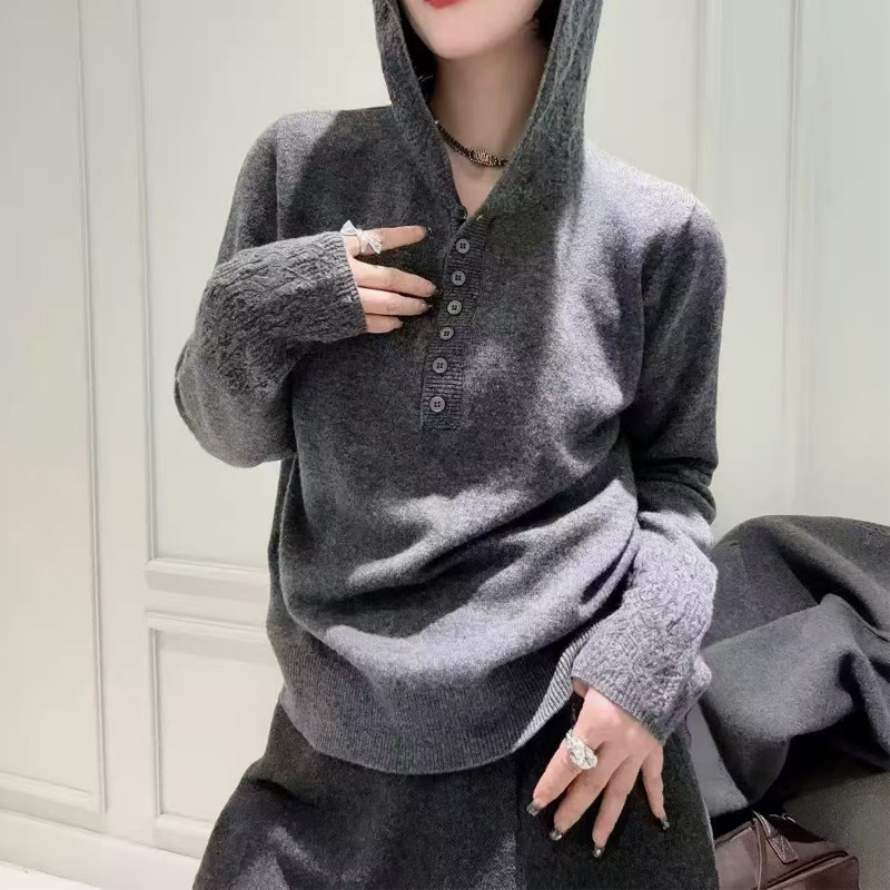 全羊毛钩花连帽针织衫女欧洲站2025秋100%羊毛纯色镂空半开扣毛衣,淘宝优惠券,粉丝福利购,淘宝优惠卷