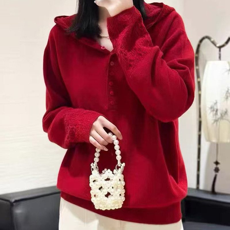 全羊毛钩花连帽针织衫女欧洲站2025秋100%羊毛纯色镂空半开扣毛衣,淘宝优惠券,粉丝福利购,淘宝优惠卷