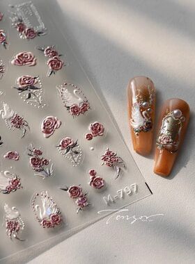 轻奢气质天鹅花朵浮雕立体美甲贴纸装饰指甲电脑手机壳iPad贴画