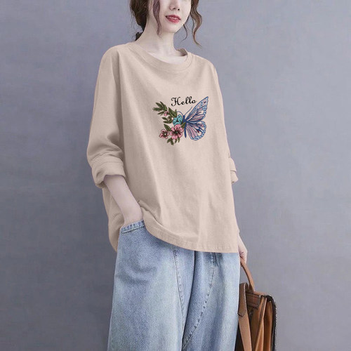 品牌出口清仓100%纯棉长袖气质时尚t恤女秋冬宽松休闲打底衫上衣 - 图3