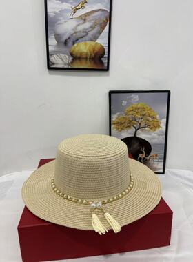 夏天平顶草帽珍珠链条女士英伦礼帽出游太阳帽韩版沙滩遮阳自营