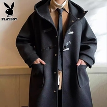 Flowers Playboy buffalo horn buttoned with wind clothes mens woolen sweatshirt and autumn winter loose in the middle and long with cap on the cap.