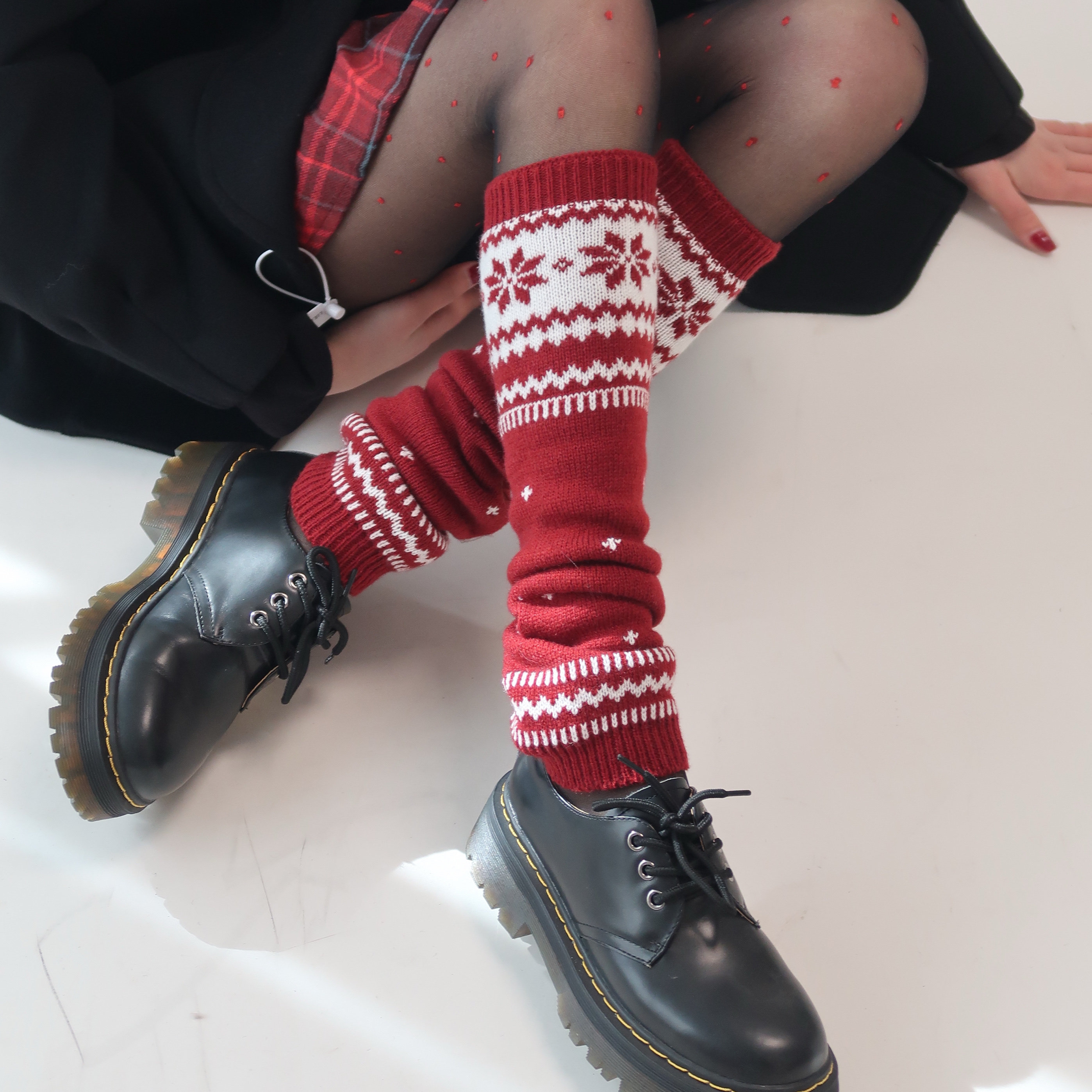 陆甜茶秋冬费尔岛雪花点点红色圣诞袜针织保暖腿套堆堆袜本命年袜,淘宝优惠券,粉丝福利购,淘宝优惠卷