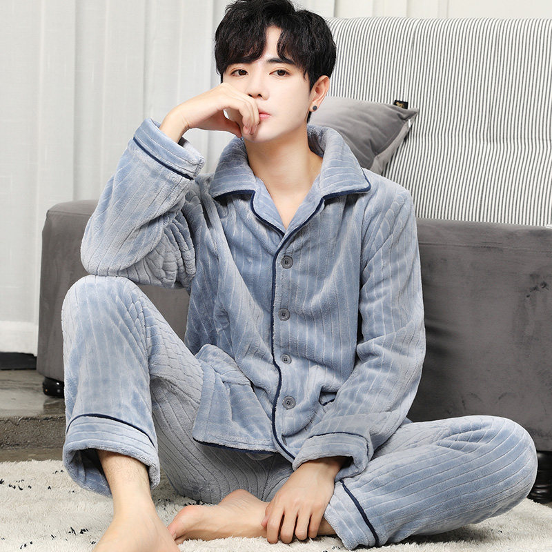 男士冬季法兰绒加绒加肥珊瑚绒睡衣 爱唯美服饰睡衣/家居服套装