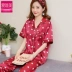Bộ đồ ngủ mùa xuân và mùa thu lụa Hàn Quốc cho phụ nữ ngắn tay hai mảnh phù hợp với mùa hè gợi cảm băng lụa mỏng phần dịch vụ tại nhà - Bộ Pajama đồ bộ pijama Bộ Pajama