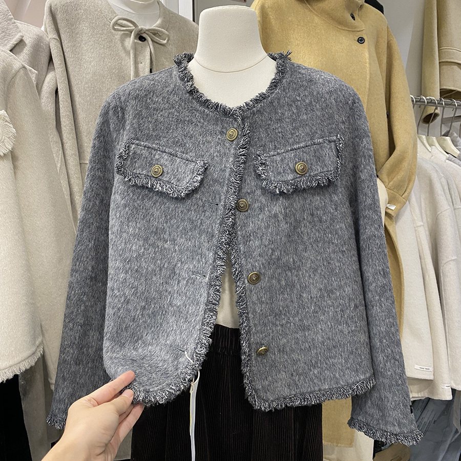 2025冬新款小香风外套女短款双面羊绒大衣羊毛呢子毛边流苏上衣 - 图2