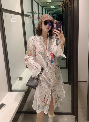 ZA女装春夏新款 宽松休闲刺绣长款衬衫式连衣裙 5107047 251 - 图0