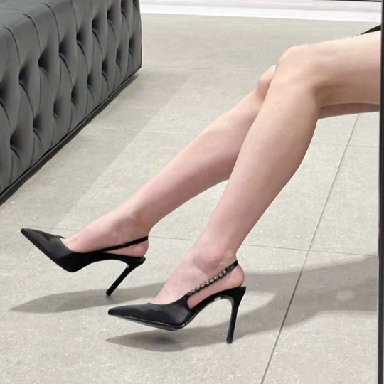 CHUREN&KENET春夏女鞋小众时尚链条尖头黑色高跟凉鞋职业工作鞋