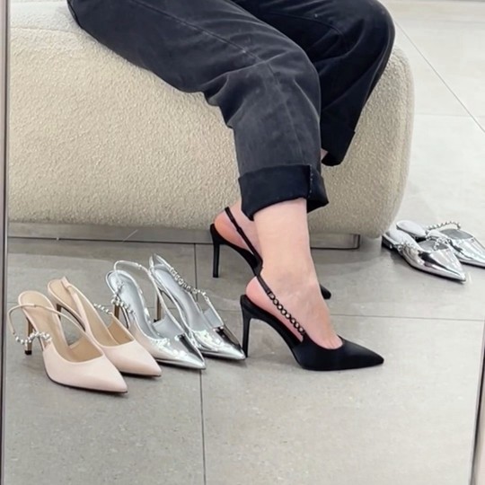 CHUREN&KENET春夏女鞋小众时尚链条尖头黑色高跟凉鞋职业工作鞋