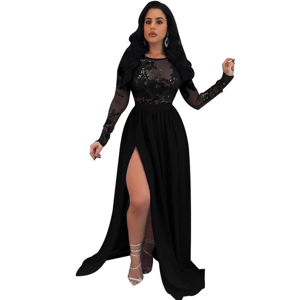 Long sleeves dress women long wide dress black night club xl-图3