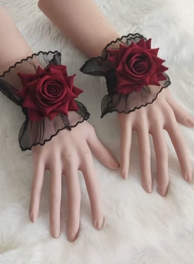 暗黑系lolita洛丽塔蕾丝手袖酒红色仿真玫瑰花朵新娘礼服手腕套花