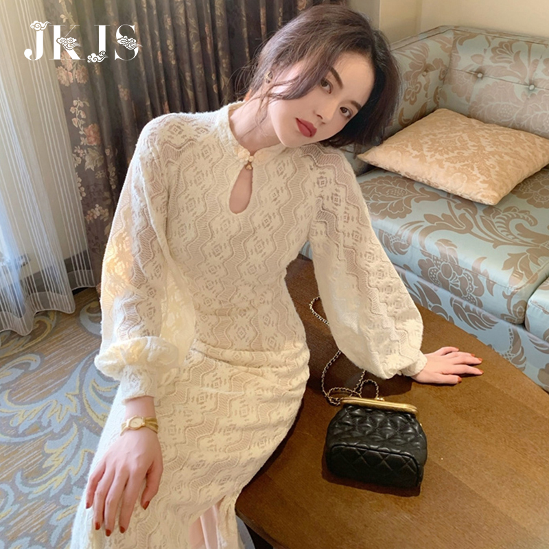 jkjs旗舰店蕾丝连衣裙春装2022年新款气质温柔风打底裙子法式长袖改良旗袍0