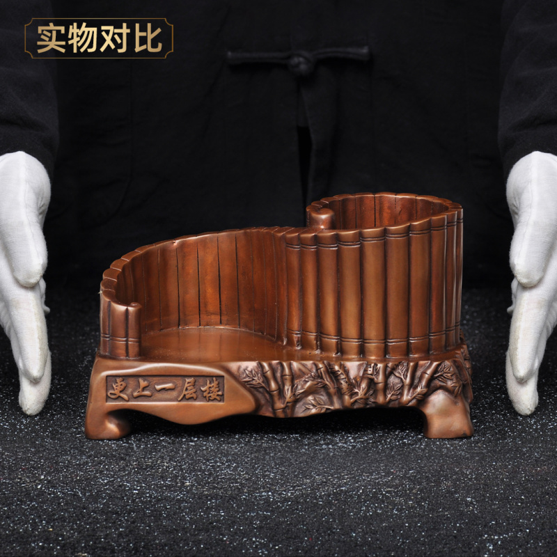 紫铜更上一层楼笔筒摆件步步高升高档铜笔筒家居书房办公室装饰品