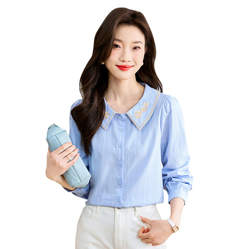 洋气纯棉刺绣长袖衬衫女2026春秋新款时尚上衣百搭娃娃领别致小衫 - 图3