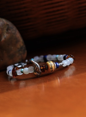 「月光与飞鸟」复古文艺天然月光石混搭老银飞鸟手串治愈系手链