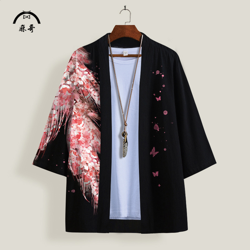 道袍翅膀印花外套男士夏季薄款衬衫羽织开衫上衣中国风高级感披风 - 图0