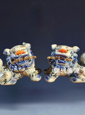 陶瓷狮子摆件一对看门大门开口家用醒狮门口吉祥物