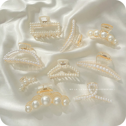 金属珍珠抓夹女简约大号鲨鱼夹子头饰发夹后脑勺发卡ins风夏气质 - 图1