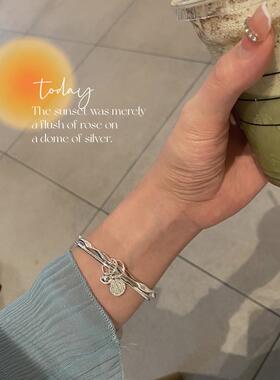 莫比乌斯环双环铃铛银手镯女纯银999实心平安喜乐年轻款足银镯子