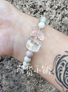萌货小铺原创手作DIY白水晶kt蝴蝶结奶昔色阿拉善玛瑙手链手串1号