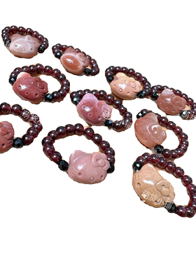 萌货小铺原创手作DIY阿拉善玛瑙kitty紫牙乌石榴石戒指有弹力