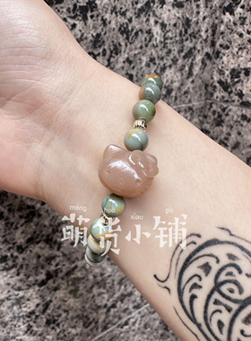 萌货小铺原创DIY土黄色kt呼料黄绿色天然阿拉善玛瑙手链手串礼物2